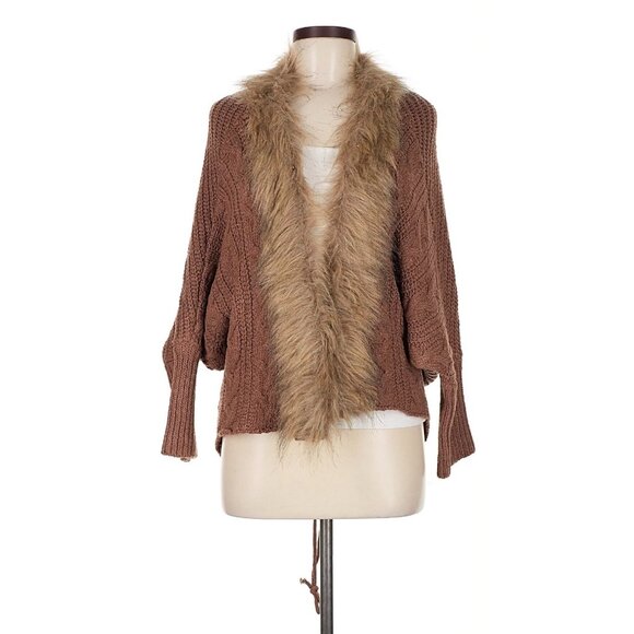 Faux Fur Trim Brown Cable Knit Cardigan | Boho Grunge Fairy Cottagecore Cozycore - Picture 2 of 16